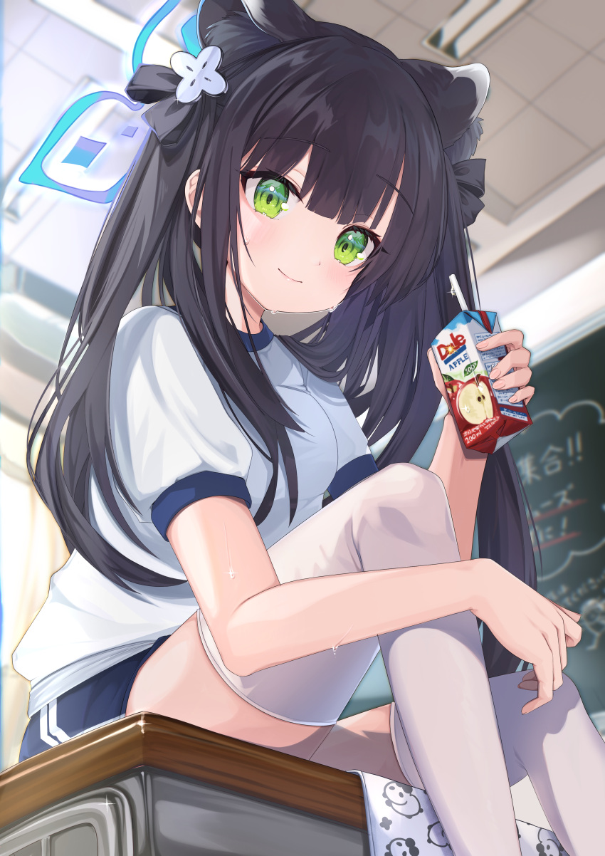 1girl absurdres alternate_costume animal_ear_fluff animal_ears baba_kirika black_hair blue_archive blue_halo blue_shorts blue_trim breasts classroom closed_mouth commentary_request desk drink drinking_straw green_eyes gym_shirt gym_uniform halo highres holding holding_drink indoors juice_box long_hair looking_at_viewer on_desk puffy_short_sleeves puffy_sleeves school_desk shirt short_shorts short_sleeves shorts shun_(blue_archive) shun_(small)_(blue_archive) sitting small_breasts solo thighhighs tiger_ears tiger_girl twintails white_shirt white_thighhighs