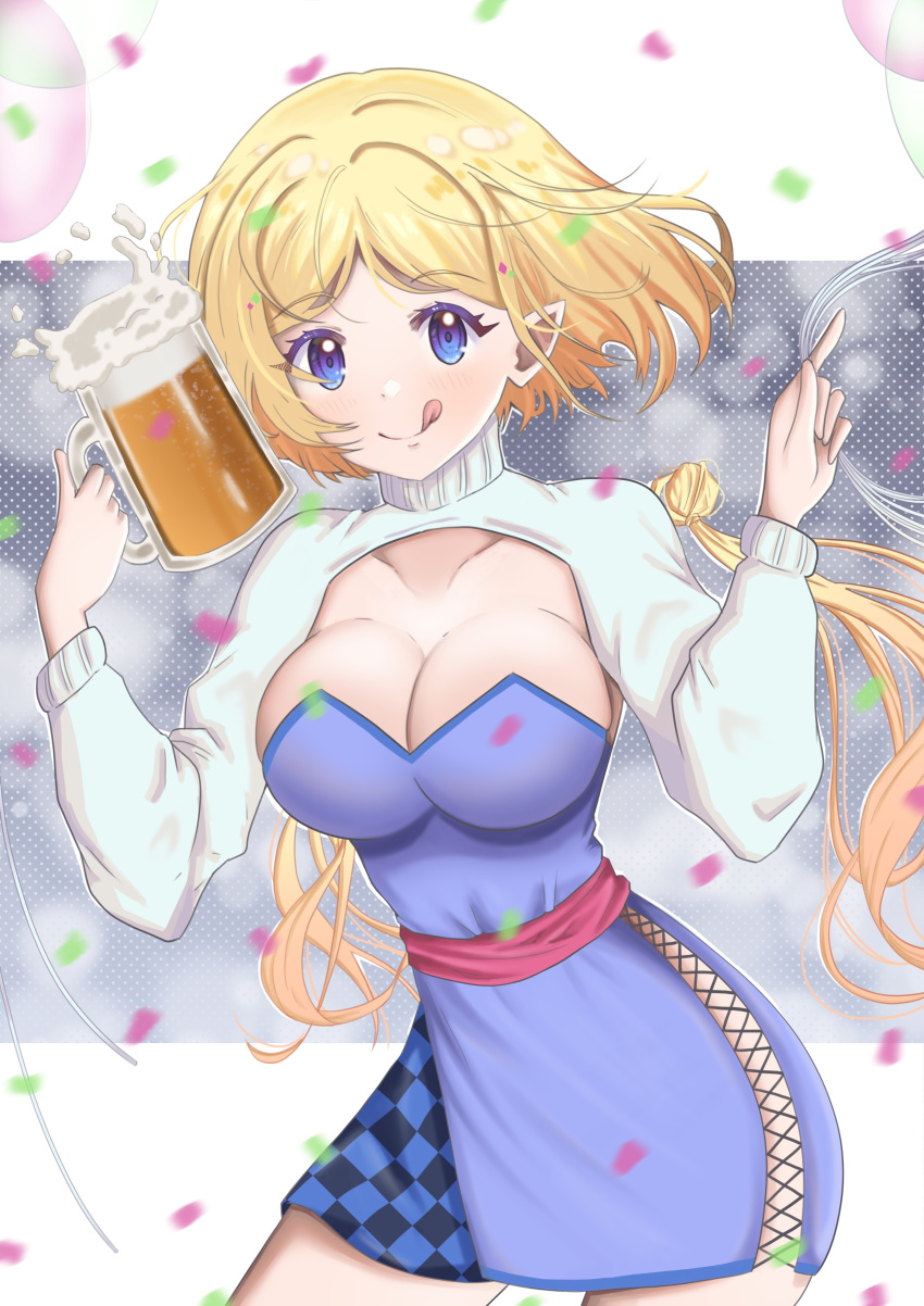 1girl :q absurdres aki_rosenthal beer_mug blonde_hair blue_eyes breasts checkered_clothes checkered_dress collarbone confetti cowboy_shot cross-laced_clothes cross-laced_dress cup detached_hair dress highres holding holding_cup hololive large_breasts long_hair mug nyu-tan94 pink_sash pointing pointy_ears purple_dress sash short_hair shrug_(clothing) tongue tongue_out twintails virtual_youtuber