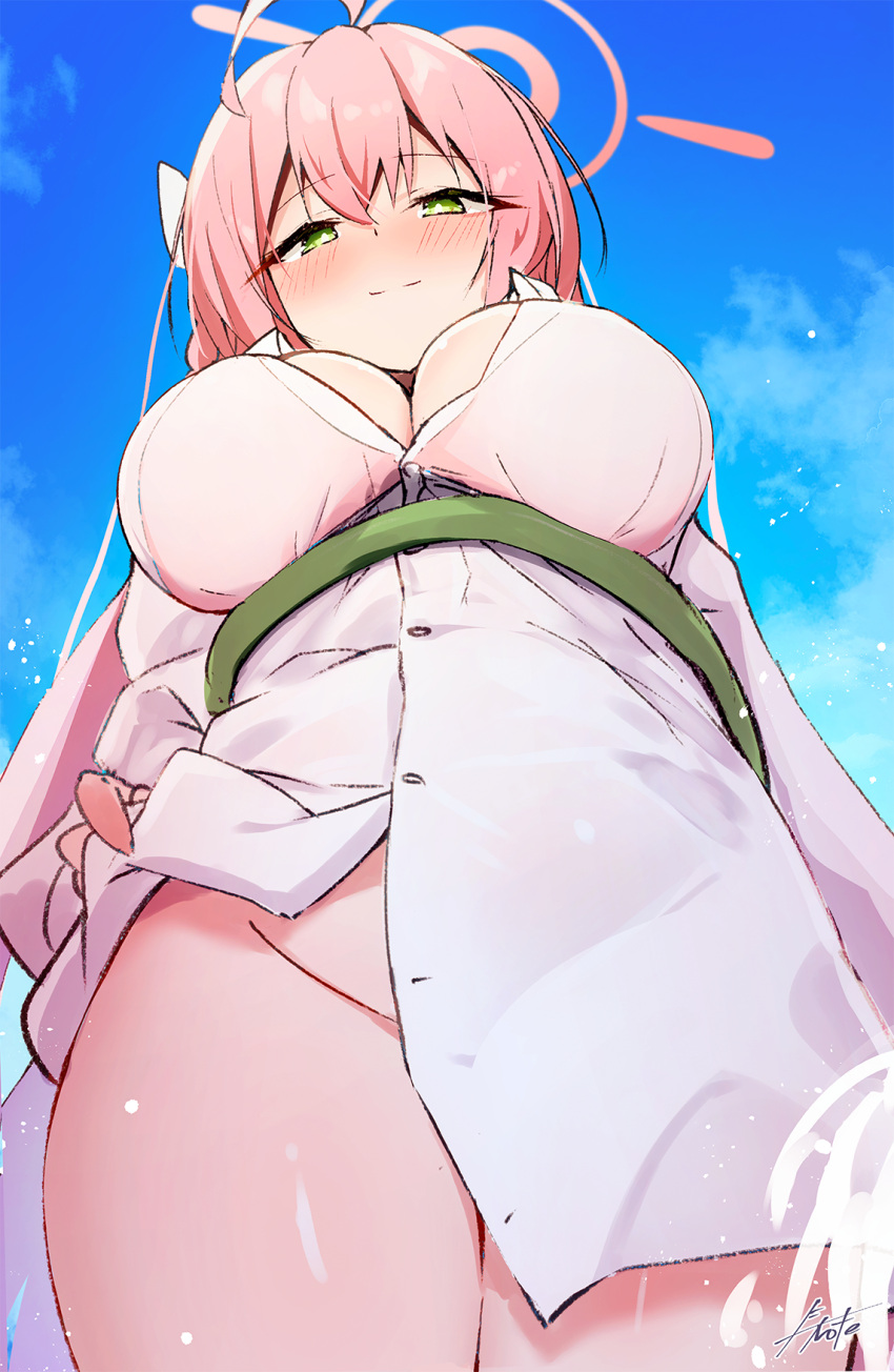 1girl ahoge artist_name blue_archive blue_sky blush breasts cleavage closed_mouth cloud commentary_request day e-note from_below green_eyes halo hanako_(blue_archive) hanako_(swimsuit)_(blue_archive) highres large_breasts looking_at_viewer official_alternate_costume outdoors pink_halo revision shirt sky smile solo thighs white_shirt