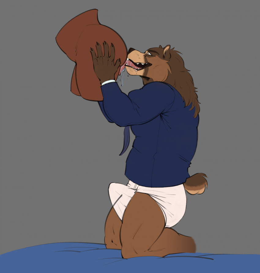 anthro bear bodily_fluids brown_bear clean_diaper clothed clothing diaper diaper_bulge erection erection_in_diaper erection_under_bottomwear erection_under_clothing grizzly_bear hair hi_res kneeling kuruk_(character) licking_sex_toy male mammal mane mane_hair necktie partially_clothed penetrable_sex_toy saliva sex_toy shirt sloppy solo third-party_edit topwear ursine wearing_diaper yeenyeenmike