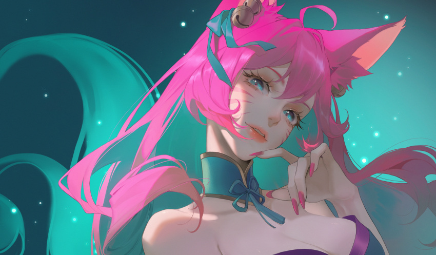 1girl absurdres ahri_(league_of_legends) animal_ears asami_okutoshioku bell blue_eyes breasts cleavage fingernails fox_ears fox_girl hair_ribbon highres league_of_legends long_hair looking_at_viewer night night_sky official_alternate_costume official_alternate_hairstyle outdoors parted_lips pink_hair pink_nails ribbon sky smile solo spirit_blossom_(league_of_legends) spirit_blossom_ahri upper_body