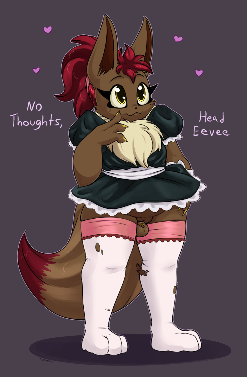 absurd_res anthro bottomless chubby_male clothed clothing dress eevee evitt flaccid fluffy generation_1_pokemon genitals girly hi_res legwear maid_uniform male nintendo penis pokemon pokemon_(species) pokemorph skoon small_penis solo torn_clothing torn_legwear uniform