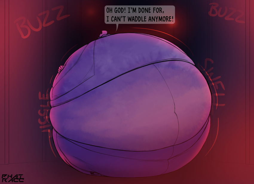 alarm anthro belly blue_body blue_fur blueberry_inflation body_inflation canid canine clothed clothing cupricfox dialogue english_text expansion_sound_effect fox fur hi_res hyper_inflation immobile inflation inside male mammal motion_lines phatracc solo sound_effects speech_bubble spherical_inflation text