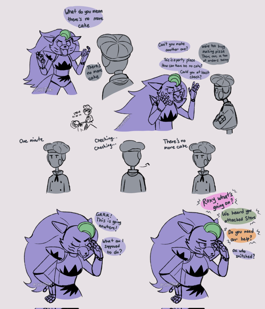 ambiguous_gender animatronic anthro canid canine canis clothed clothing comic dialogue duo english_text eyes_closed female five_nights_at_freddy's five_nights_at_freddy's:_security_breach five_nights_at_freddy's:_security_breach_ruin hat headgear headwear hi_res machine mammal open_mouth robot roxanne_wolf_(fnaf) scottgames shyestmind simple_background steel_wool_studios text wolf