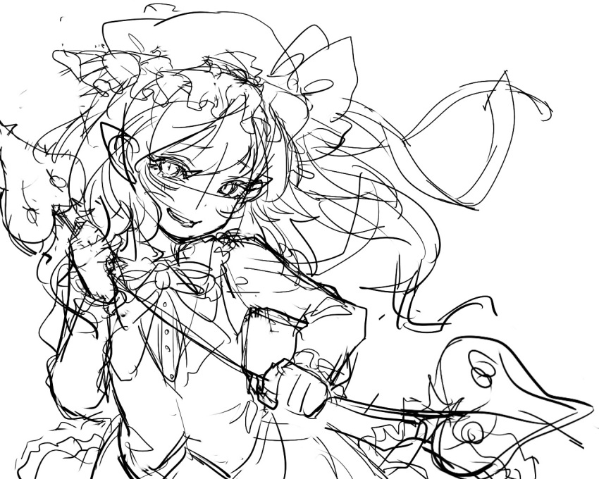 1girl adapted_costume bitaro bow bowtie buttons cowboy_shot dress_shirt flandre_scarlet frilled_shirt_collar frills greyscale hair_between_eyes hat head_tilt holding holding_polearm holding_weapon laevatein_(touhou) long_sleeves looking_at_viewer making-of mob_cap monochrome open_mouth pointy_ears polearm shirt sketch skirt solo teeth touhou vest weapon