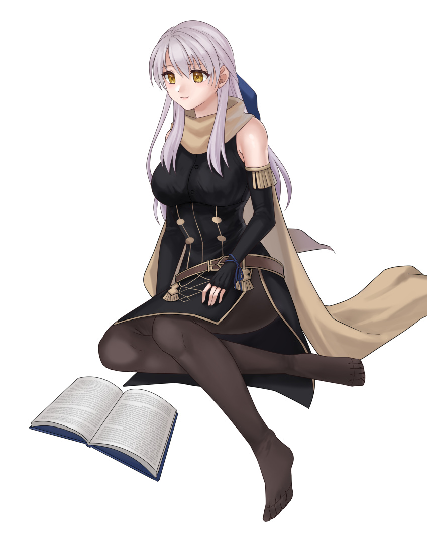 1girl absurdres adapted_costume bare_shoulders belt black_dress black_gloves black_pantyhose book commission dress elbow_gloves fire_emblem fire_emblem:_radiant_dawn fire_emblem:_three_houses garreg_mach_monastery_uniform gloves gold_trim grey_hair hair_ribbon half_updo hazuki_(nyorosuke) highres long_hair micaiah_(fire_emblem) no_shoes open_book pantyhose ribbon scarf simple_background skeb_commission sleeveless sleeveless_dress smile solo uniform white_background yellow_eyes yellow_scarf