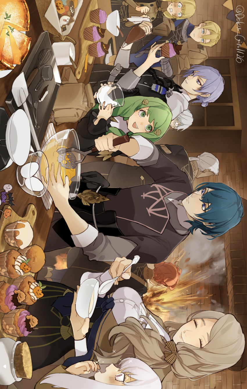 5boys 5girls absurdres annette_fantine_dominic ashe_ubert blonde_hair blue_eyes blue_hair byleth_(fire_emblem) byleth_(male)_(fire_emblem) closed_eyes closed_mouth commentary cooking cupcake dark-skinned_male dark_skin dedue_molinaro dimitri_alexandre_blaiddyd doku_gin1126 egg_(food) explosion fire_emblem fire_emblem:_three_houses flayn_(fire_emblem) food garreg_mach_monastery_uniform green_eyes green_hair grey_hair highres indoors ingrid_brandl_galatea kitchen long_hair lysithea_von_ordelia mercedes_von_martritz milk multiple_boys multiple_girls open_mouth orange_hair ponytail purple_eyes purple_hair short_hair short_ponytail smile table teeth twitter_username upper_teeth_only white_hair yuri_leclerc