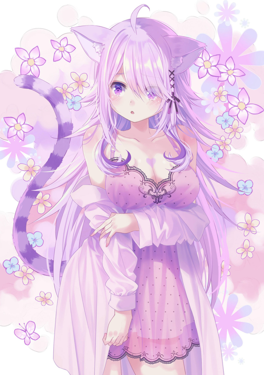 1girl 54hao ahoge animal_ear_fluff animal_ears blue_flower blush breasts brown_flower cat_ears cat_girl cat_tail cleavage collarbone commentary cowboy_shot dress eyes_visible_through_hair floral_background flower hair_ornament hair_over_one_eye heart highres hololive large_breasts long_hair long_sleeves looking_down looking_to_the_side nekomata_okayu off_shoulder open_clothes open_shirt parted_lips pink_dress pink_flower pink_hair purple_eyes see-through shirt sleeveless sleeveless_dress solo striped_tail tail very_long_hair virtual_youtuber white_shirt wide_sleeves x_hair_ornament