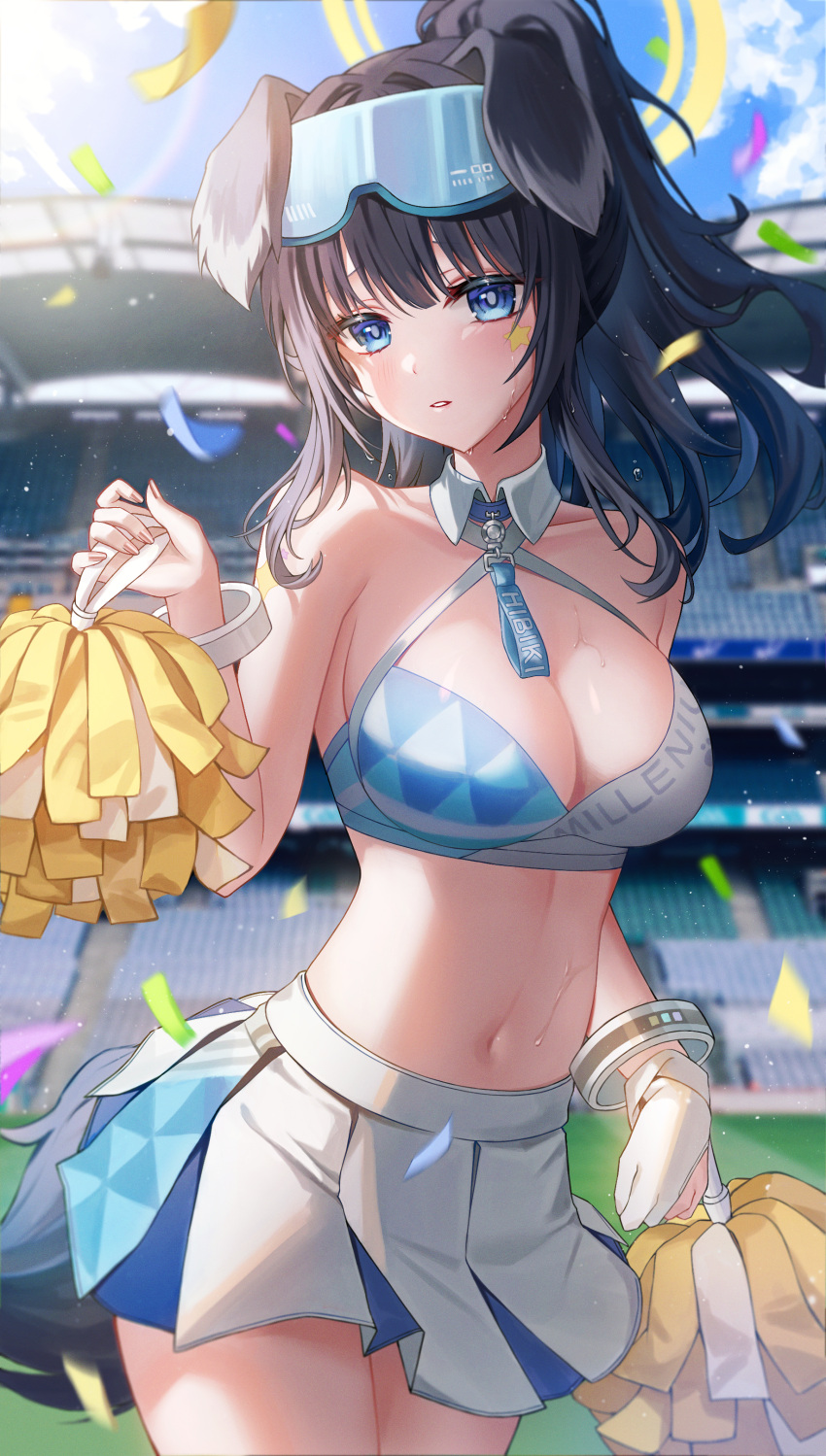 1girl absurdres animal_ears bangle bare_arms bare_shoulders black_hair blue_archive blue_eyes bracelet breasts cheerleader cleavage cowboy_shot criss-cross_halter crop_top day detached_collar dog_ears gloves goggles goggles_on_head halterneck hand_up hibiki_(blue_archive) hibiki_(cheer_squad)_(blue_archive) highres holding holding_pom_poms jewelry long_hair looking_at_viewer medium_breasts mella_(mell_a12) midriff millennium_cheerleader_outfit_(blue_archive) miniskirt navel official_alternate_costume outdoors parted_lips partially_fingerless_gloves pleated_skirt pom_pom_(cheerleading) ponytail shirt skirt sleeveless sleeveless_shirt solo standing stomach sweat two-tone_shirt white_shirt white_skirt wing_collar