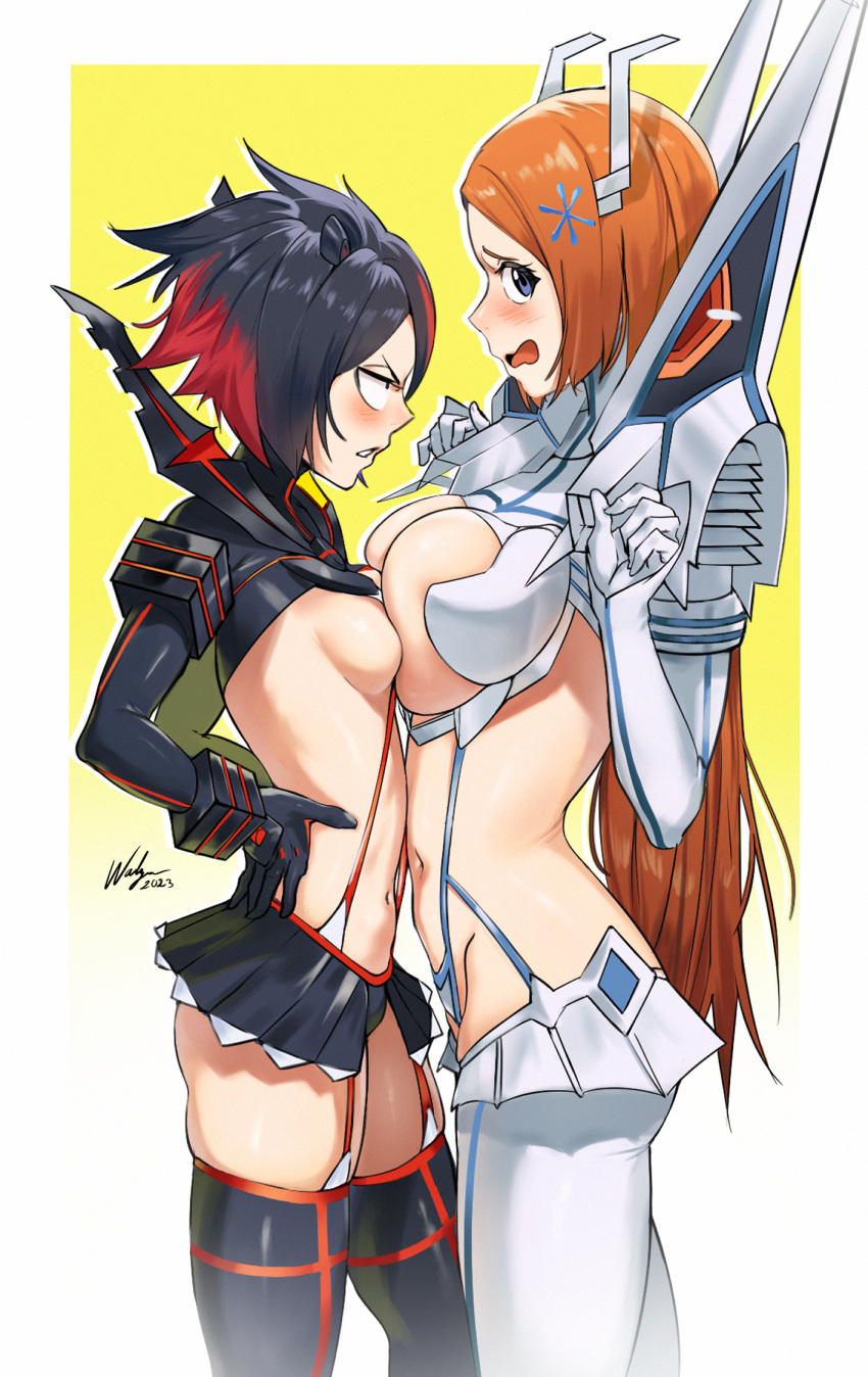 2girls asymmetrical_docking black_hair black_skirt black_thighhighs bleach breast_press breasts cosplay gradient_hair grey_eyes highres inoue_orihime kill_la_kill kiryuuin_satsuki kiryuuin_satsuki_(cosplay) kuchiki_rukia large_breasts life_fiber living_clothes matoi_ryuuko matoi_ryuuko_(cosplay) microskirt multicolored_hair multiple_girls navel orange_hair red_hair revealing_clothes skirt small_breasts suspenders thighhighs waligner white_thighhighs