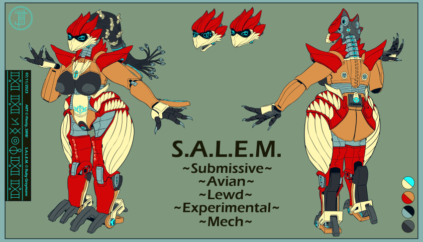 absurd_res anthro avian beak biped bird breasts char_refsheet claws european_mythology female fleety_(artist) genitals greek_mythology hi_res machine model_sheet mythological_avian mythological_firebird mythology nsfw phoenix pussy robot robotic salem_(character) salem_(ruby_greymane) science_fiction