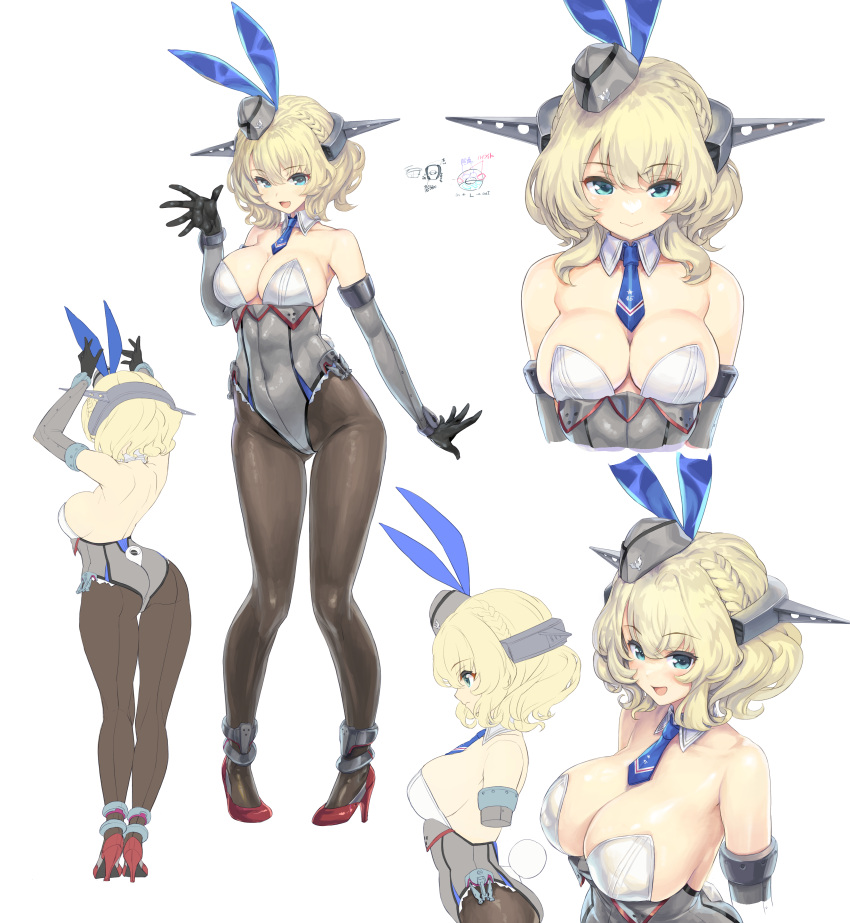 1girl absurdres animal_ears ass bare_legs black_pantyhose blonde_hair blue_eyes blue_necktie bow breasts cleavage colorado_(kancolle) commentary_request commission cowboy_shot detached_collar headgear highres kantai_collection kiyama_satoshi large_breasts leotard looking_at_viewer multiple_views necktie pantyhose playboy_bunny rabbit_ears rabbit_tail short_hair side-tie_leotard simple_background skeb_commission smile standing strapless strapless_leotard tail upper_body white_background white_footwear white_leotard wrist_cuffs