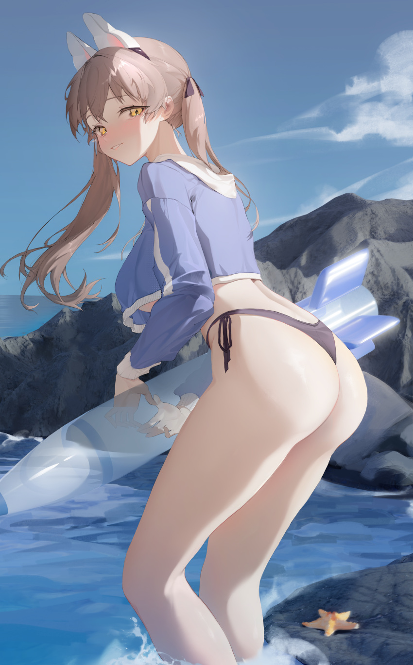 1girl absurdres animal_ears ass bikini bikini_bottom_only blue_archive blue_hoodie blue_sky breasts brown_hair cloud cropped_hoodie day dingding_(chongsangjun) highres holding hood hoodie inflatable_toy large_breasts long_hair moe_(blue_archive) moe_(swimsuit)_(blue_archive) outdoors parted_lips rabbit_ears rocket sky solo starfish swimsuit thighs yellow_eyes