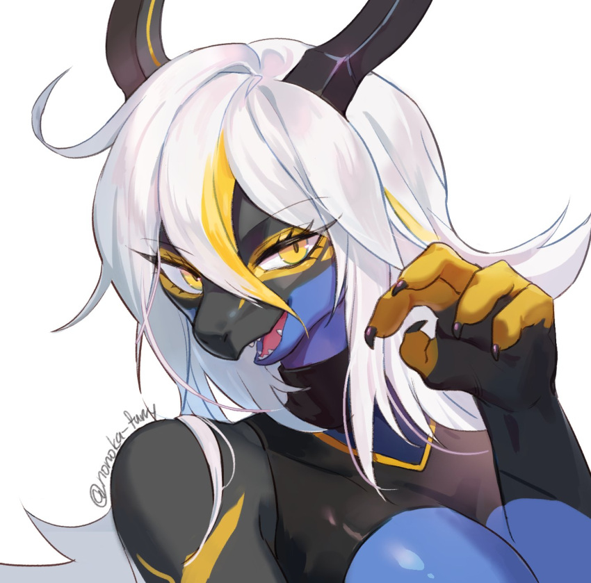 anthro black_body claws dragon female finger_claws hair hi_res horn looking_at_viewer nonoka917 open_mouth simple_background solo white_hair yellow_eyes