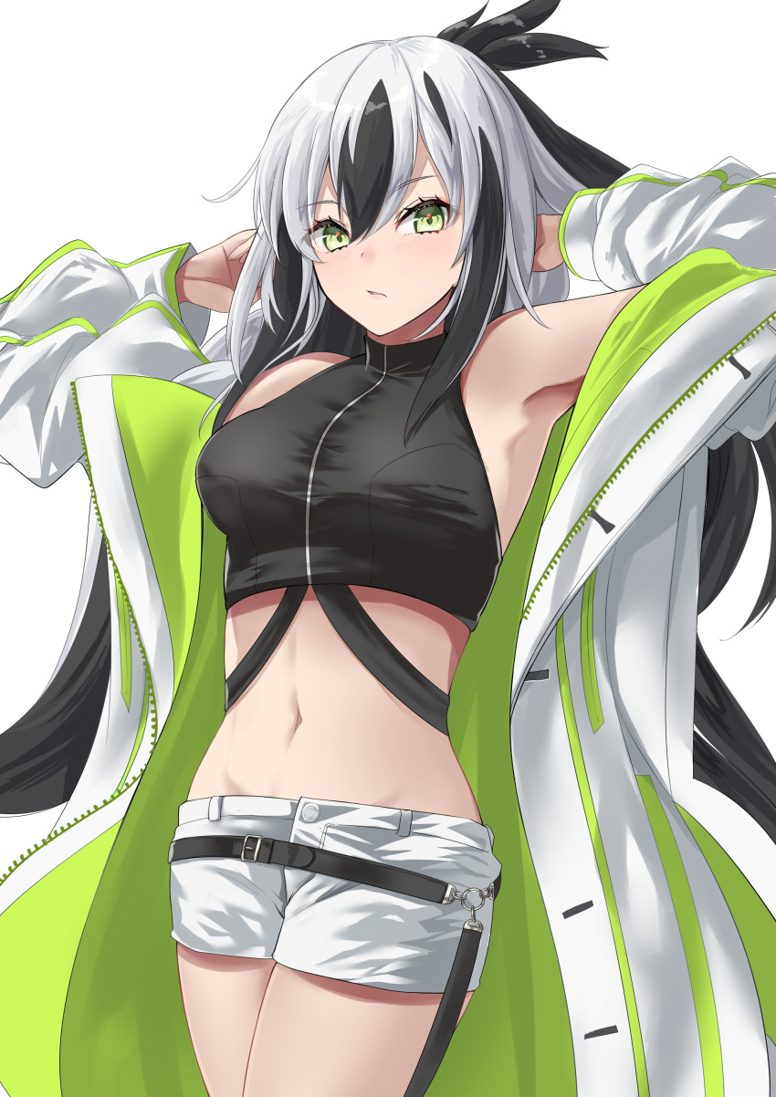 1girl absurdres bare_shoulders belt black_hair black_shirt breasts coat cropped_shirt fate/grand_order fate_(series) green_coat green_eyes hair_between_eyes highres long_hair long_sleeves looking_at_viewer medium_breasts midriff multicolored_coat multicolored_hair nagao_kagetora_(fate) navel nglhonn open_clothes open_coat shirt shorts sidelocks sleeveless sleeveless_shirt solo thighs two-tone_coat two-tone_hair very_long_hair white_hair white_shorts