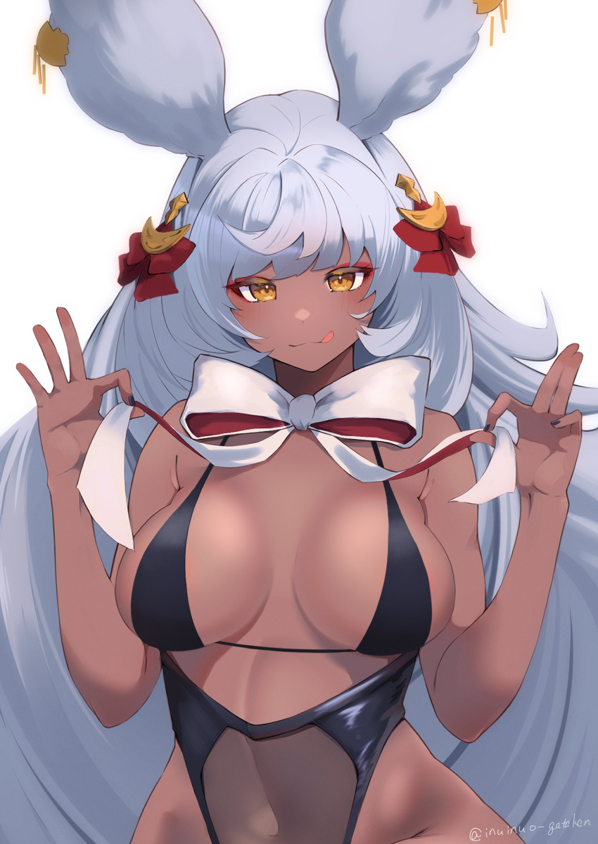 1girl absurdres animal_ears black_bra black_leotard black_lingerie black_nails blush bra breasts breasts_out dark-skinned_female dark_skin erune granblue_fantasy highres inuinuo_gataken large_breasts leotard licking_lips lingerie long_hair looking_at_viewer makura_(granblue_fantasy) navel rabbit_ears rabbit_girl ribbon see-through see-through_leotard smile solo tan tongue tongue_out transparent_leotard underwear very_long_hair white_hair white_rabbit_ears white_ribbon yellow_eyes