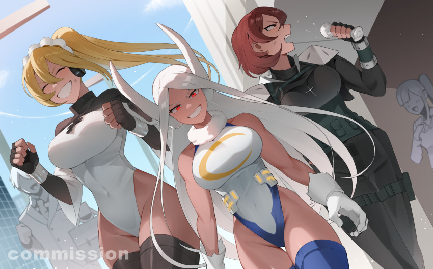 3girls :d absurdres animal_ears bare_shoulders black_gloves black_shrug blonde_hair boku_no_hero_academia breasts chest_harness closed_eyes commission commission_watermark covered_navel crescent_print cross cross_necklace dark-skinned_female dark_skin english_commentary fingerless_gloves fur_collar gloves hair_between_eyes harness headband highleg highleg_leotard highres holding holster jewelry koyap large_breasts leotard long_eyelashes long_hair looking_at_viewer looking_to_the_side mirko multiple_girls necklace original parted_bangs ponytail purple_thighhighs rabbit_ears rabbit_girl red_eyes red_hair short_hair shoulder_pads sleeveless_turtleneck_leotard smile taut_leotard thick_thighs thigh_gap thigh_holster thigh_strap thighhighs thighs toned turtleneck very_long_hair white_gloves white_hair white_headband white_leotard white_sleeves