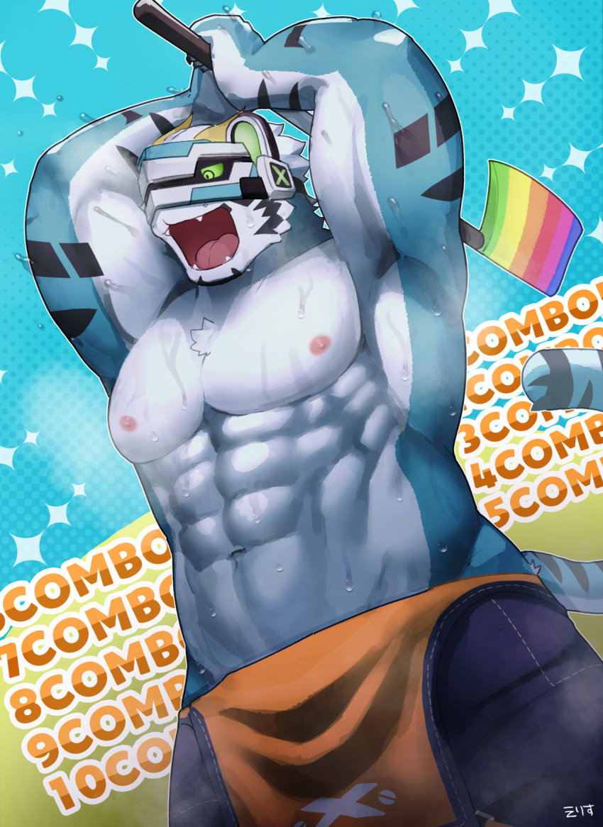 1boy :d abs aqua_fur armpits arms_up axe bara blue_overalls combo combo_counter erisu_(7575el) fangs furry furry_male helmet highres holding holding_axe large_pectorals lgbt_pride live_a_hero loincloth male_focus muscular muscular_male navel nipples official_alternate_costume overalls pectorals pelvic_curtain rainbow_gradient rexer_(live_a_hero) short_hair smile solo stomach tiger_boy topless_male very_sweaty white_hair