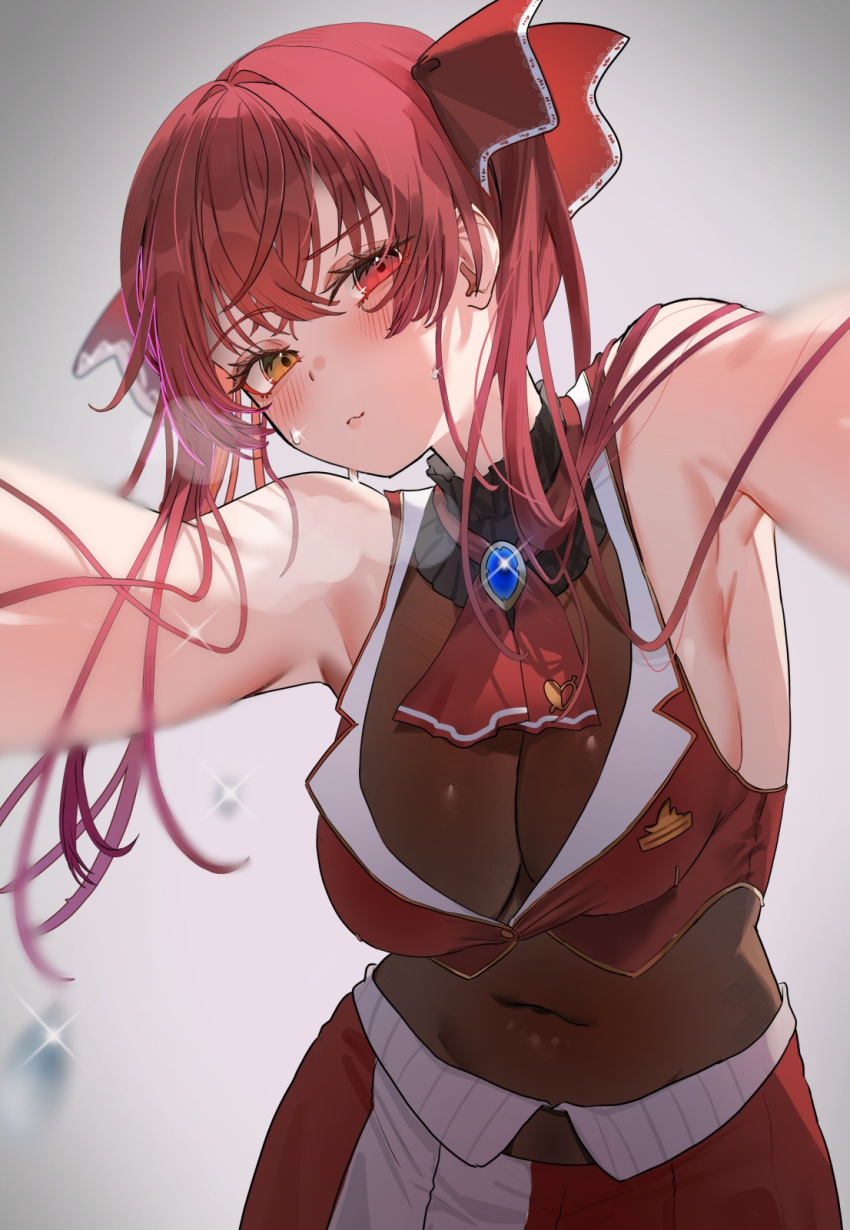 1girl ascot blush breasts breath brown_eyes closed_mouth covered_navel hair_ribbon heterochromia highres hololive houshou_marine large_breasts leotard leotard_under_clothes looking_at_viewer outstretched_arms red_ascot red_eyes red_hair ribbon solo steaming_body sweat takeno_omoti twintails virtual_youtuber wet wet_hair