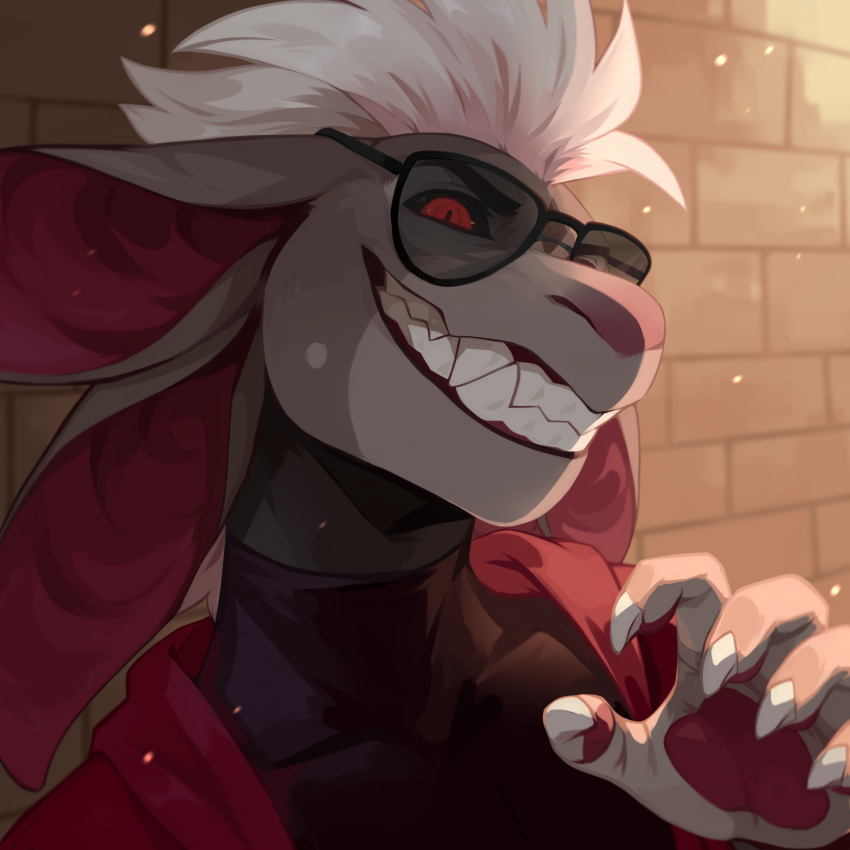 1:1 anthro black_clothing black_sclera black_topwear bust_portrait claws clothed clothing corzh77 eyewear fangs finger_claws glasses grey_body grin hair hi_res looking_at_viewer male pawpads portrait red_clothing red_eyes red_inner_ear red_pawpads red_topwear smile solo teeth topwear wearing_glasses white_claws white_hair