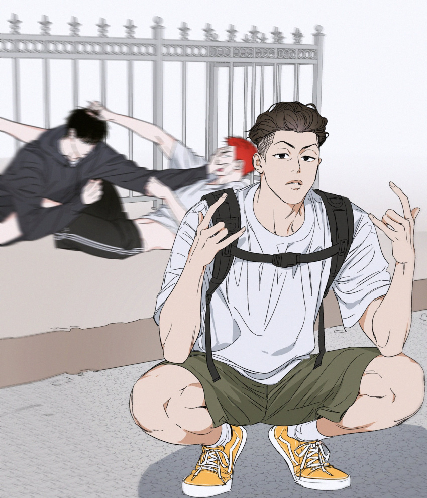 ankle_socks attack backpack bag bishounen black_eyes black_hair black_hoodie black_shorts brown_eyes brown_hair clothes_pull feet_out_of_frame fighting gate grabbing_another's_hair green_shorts hand_on_another's_face highres hood hoodie imminent_punch looking_at_viewer lying male_focus midriff_peek miyagi_ryouta nolja_cz on_back on_ground open_mouth outdoors red_hair rukawa_kaede sakuragi_hanamichi shirt shirt_pull short_hair shorts slam_dunk_(series) socks squatting toned toned_male undercut wavy_hair white_shirt white_socks yellow_footwear