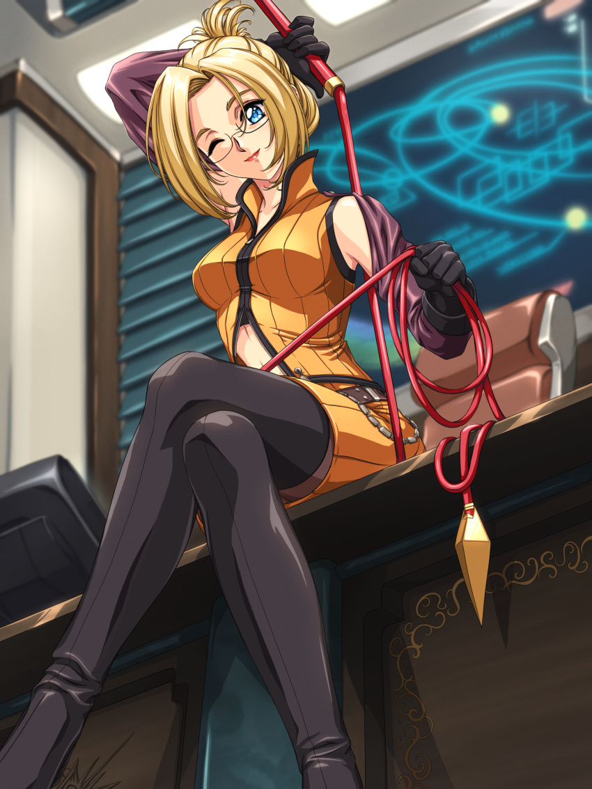 1girl absurdres arm_behind_head black_gloves blonde_hair blue_eyes boots crossed_legs desk detached_sleeves final_fantasy final_fantasy_viii glasses gloves highres on_desk one_eye_closed quistis_trepe sirknightbot sitting sitting_on_desk smile solo thigh_boots thighhighs whip