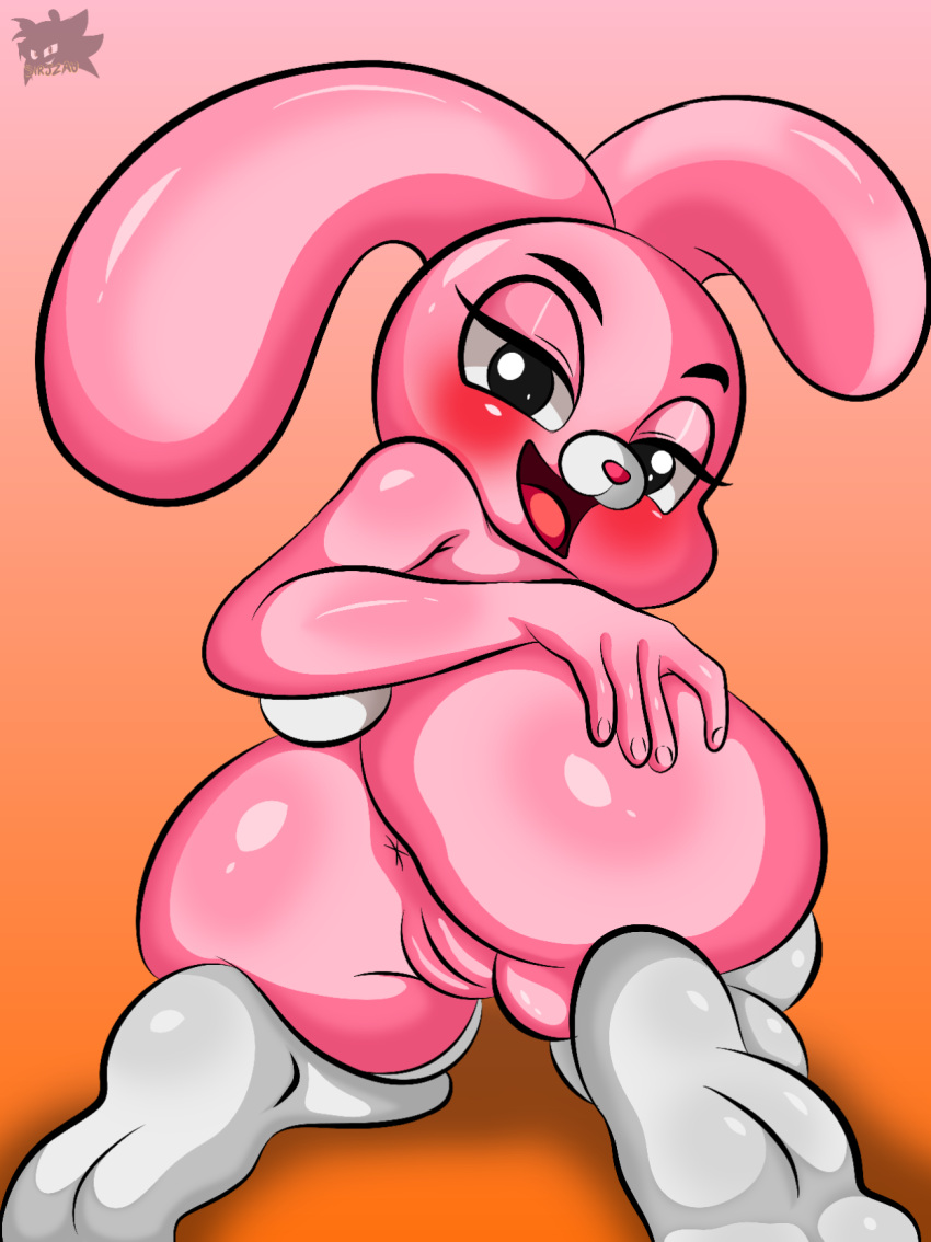 aged_up anais_watterson anthro anus bedroom_eyes black_eyes butt cartoon_network clothed clothing female fur genitals hand_on_butt hi_res lagomorph legwear leporid looking_at_viewer looking_back looking_back_at_viewer mammal narrowed_eyes open_mouth partially_clothed pink_body pink_fur pussy rabbit rabbit_ears scut_tail seductive short_tail sirjzau solo stockings tail the_amazing_world_of_gumball tongue