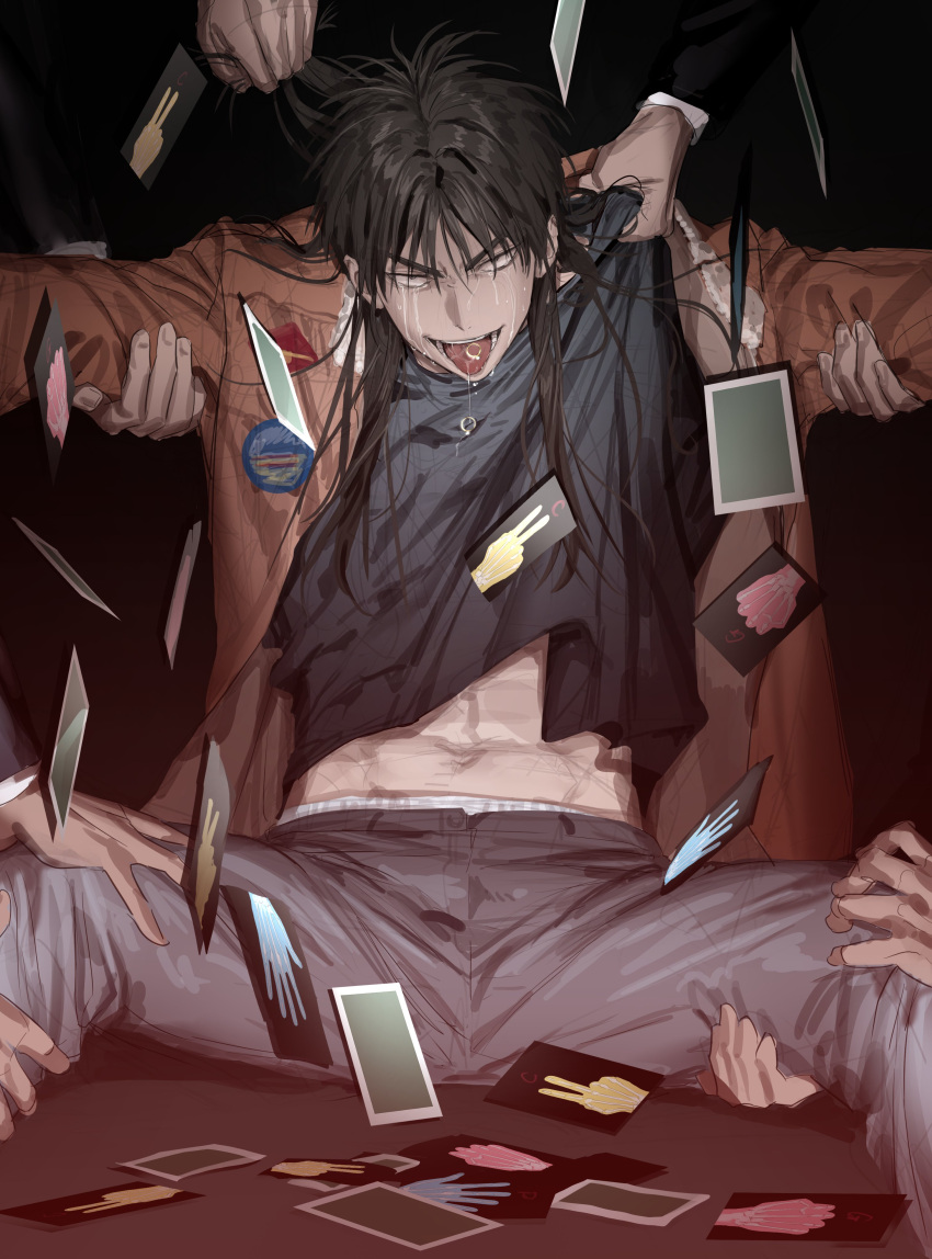 5boys absurdres arm_grab black_hair black_shirt bomber_jacket brown_jacket card chamuring commentary_request crying crying_with_eyes_open feet_out_of_frame grabbing_another's_hair grey_pants hair_between_eyes highres itou_kaiji jacket jewelry kaiji korean_commentary long_bangs long_hair long_sleeves looking_at_viewer male_focus multiple_boys navel open_clothes open_jacket open_mouth pants patch playing_card restrained ring rock_paper_scissors saliva sanpaku shirt shirt_grab sidelocks sitting smile tears teeth tongue tongue_out v-shaped_eyebrows