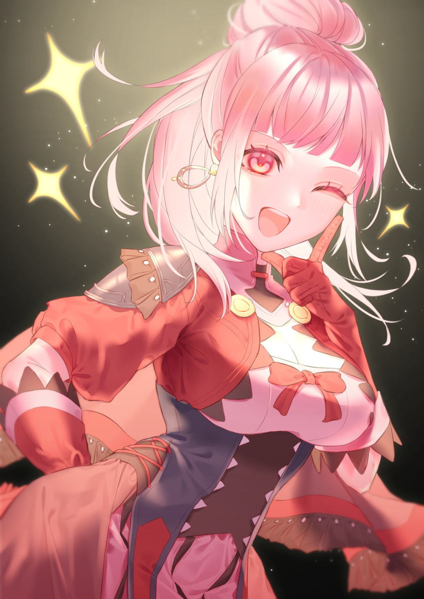 1girl absurdres blush bodice breasts cleavage commentary_request dress earrings fire_emblem fire_emblem:_three_houses fire_emblem_warriors:_three_hopes gloves hair_bun highres hilda_valentine_goneril hoop_earrings index_finger_raised jewelry kita_282 large_breasts long_hair looking_at_viewer official_alternate_costume official_alternate_hairstyle one_eye_closed open_mouth pink_dress pink_eyes pink_gloves pink_hair single_hair_bun smile solo teeth upper_teeth_only