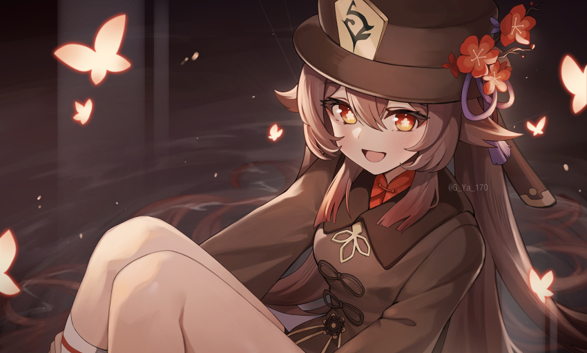 1girl black_headwear brown_hair brown_shirt bug butterfly collared_shirt commentary flower flower-shaped_pupils genshin_impact gya_(144) hat highres hu_tao_(genshin_impact) kneehighs long_hair long_sleeves open_mouth partially_submerged plum_blossoms shirt socks solo symbol-shaped_pupils twintails twitter_username very_long_hair water white_socks