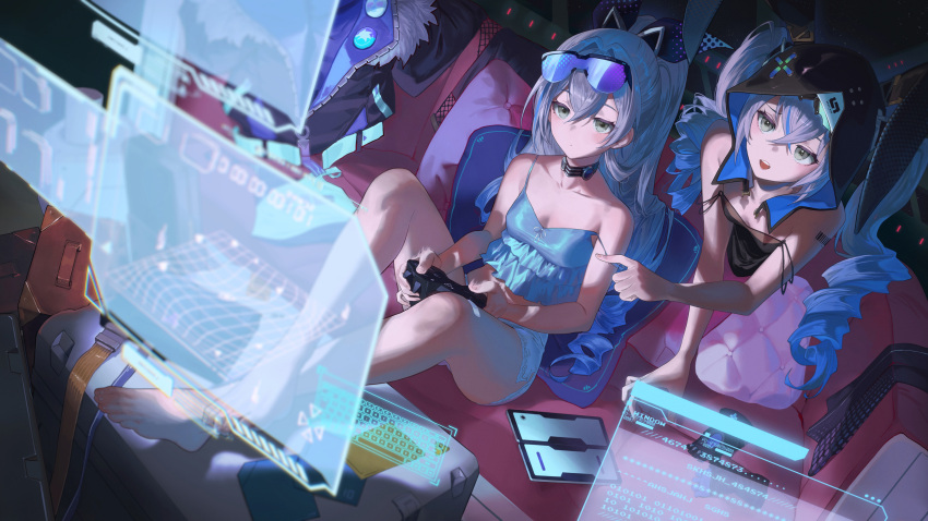 2girls bare_legs bare_shoulders barefoot bow breasts bronya_zaychik bronya_zaychik_(haxxor_bunny) cleavage closed_mouth collarbone controller couch expressionless eyewear_on_head game_controller grey_hair hair_between_eyes hair_bow highres holding holding_controller holding_game_controller honkai:_star_rail honkai_(series) honkai_impact_3rd hood hoodie indoors jacket jacket_removed long_hair multiple_girls on_couch open_mouth pointing ponytail salmon88 silver_wolf_(honkai:_star_rail) sitting sleeveless small_breasts smile teeth twintails upper_teeth_only