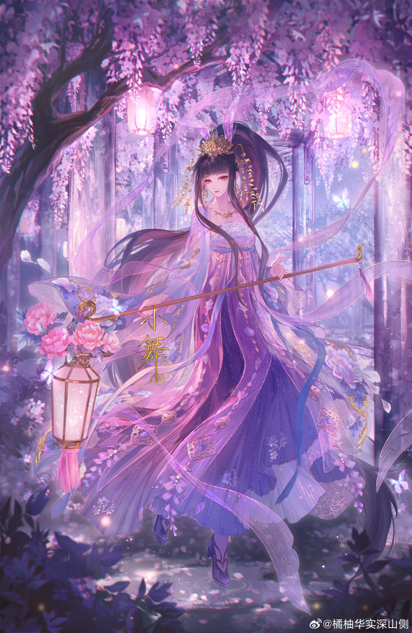 1girl absurdres artist_request black_hair bug butterfly closed_mouth douluo_dalu earrings flower flower_ornament full_body highres holding holding_pole jewelry lantern leg_up long_hair necklace pink_eyes pole ponytail ripples second-party_source smile solo tiara tree water wisteria xiao_wu_(douluo_dalu)