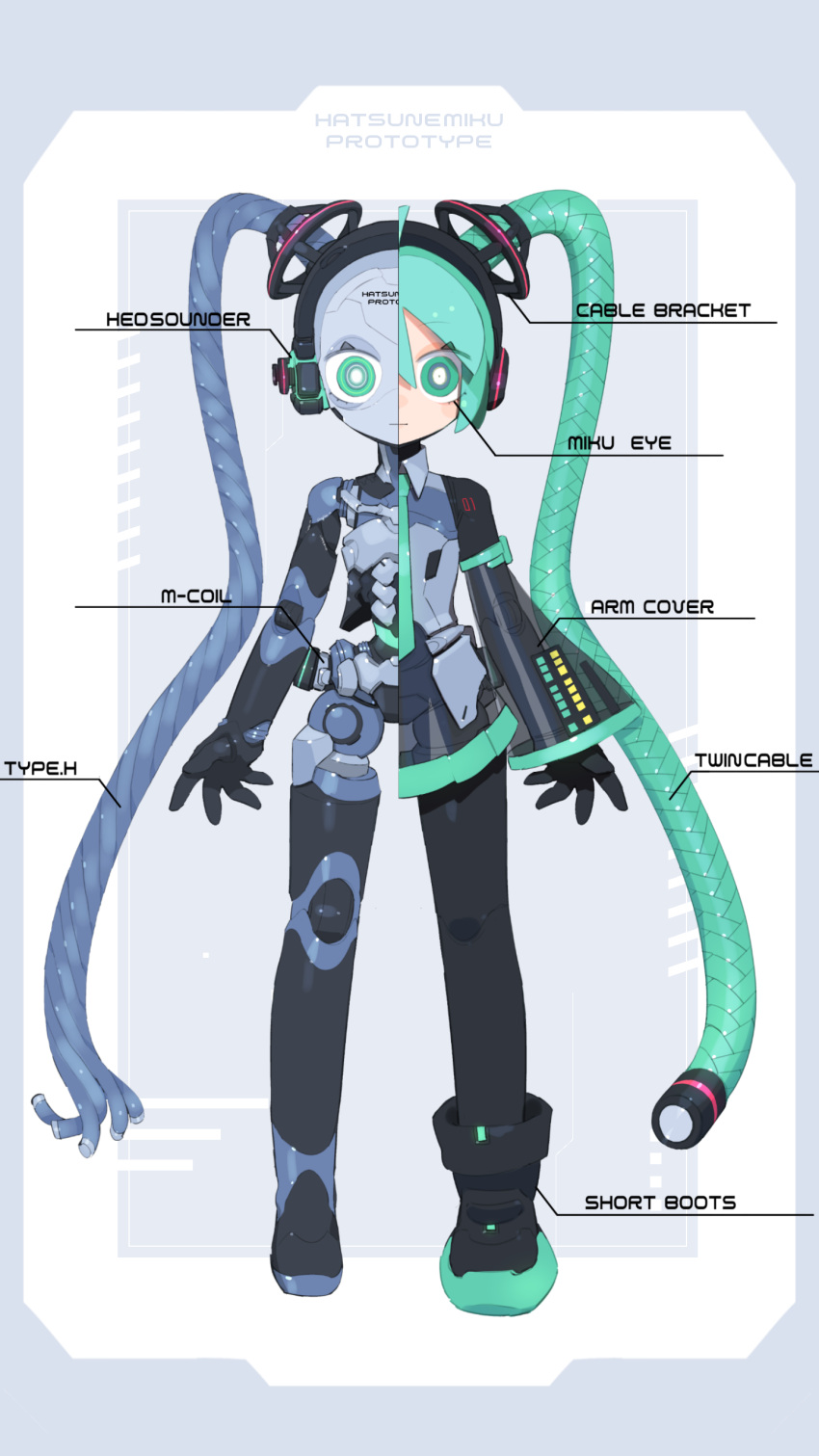 1girl absurdres ahoge android aqua_eyes aqua_hair aqua_necktie blueprint_(medium) boots bright_pupils cable cable_hair cheri_zao closed_mouth concept_art cross-section detached_sleeves expressionless full_body green_eyes green_hair hatsune_miku headgear headphones highres joints long_hair looking_at_viewer mechanical_parts mechanization necktie number_tattoo robot robot_girl robot_joints science_fiction see-through see-through_skirt see-through_sleeves skirt solo standing straight-on tattoo twintails very_long_hair vocaloid