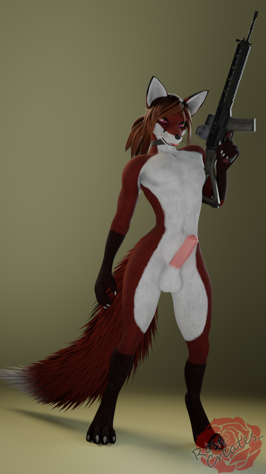 3d_(artwork) 4k 9:16 absurd_res anthro assault_rifle balls blender_(software) canid canine canis digital_media_(artwork) erection foreskin fox genitals gun hair hi_res holding_object holding_weapon humanoid_genitalia humanoid_penis kasier_(rosecreates) licking licking_lips looking_at_viewer male mammal nude open_mouth penis ranged_weapon rifle rosecreates simple_background solo standing tail tongue tongue_out weapon