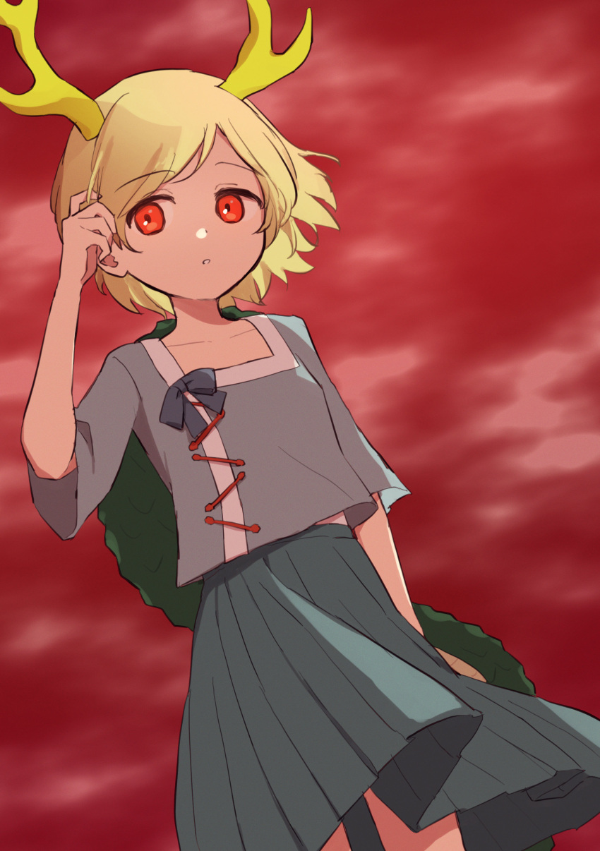 144udy 1girl absurdres antlers arm_at_side blonde_hair blue_shirt blue_skirt cloud commentary_request dragon_tail dutch_angle flat_chest from_below hand_up hands_in_hair highres kicchou_yachie looking_to_the_side parted_lips pleated_skirt red_background red_eyes shirt short_hair short_sleeves simple_background skirt solo standing tail touhou turtle_shell