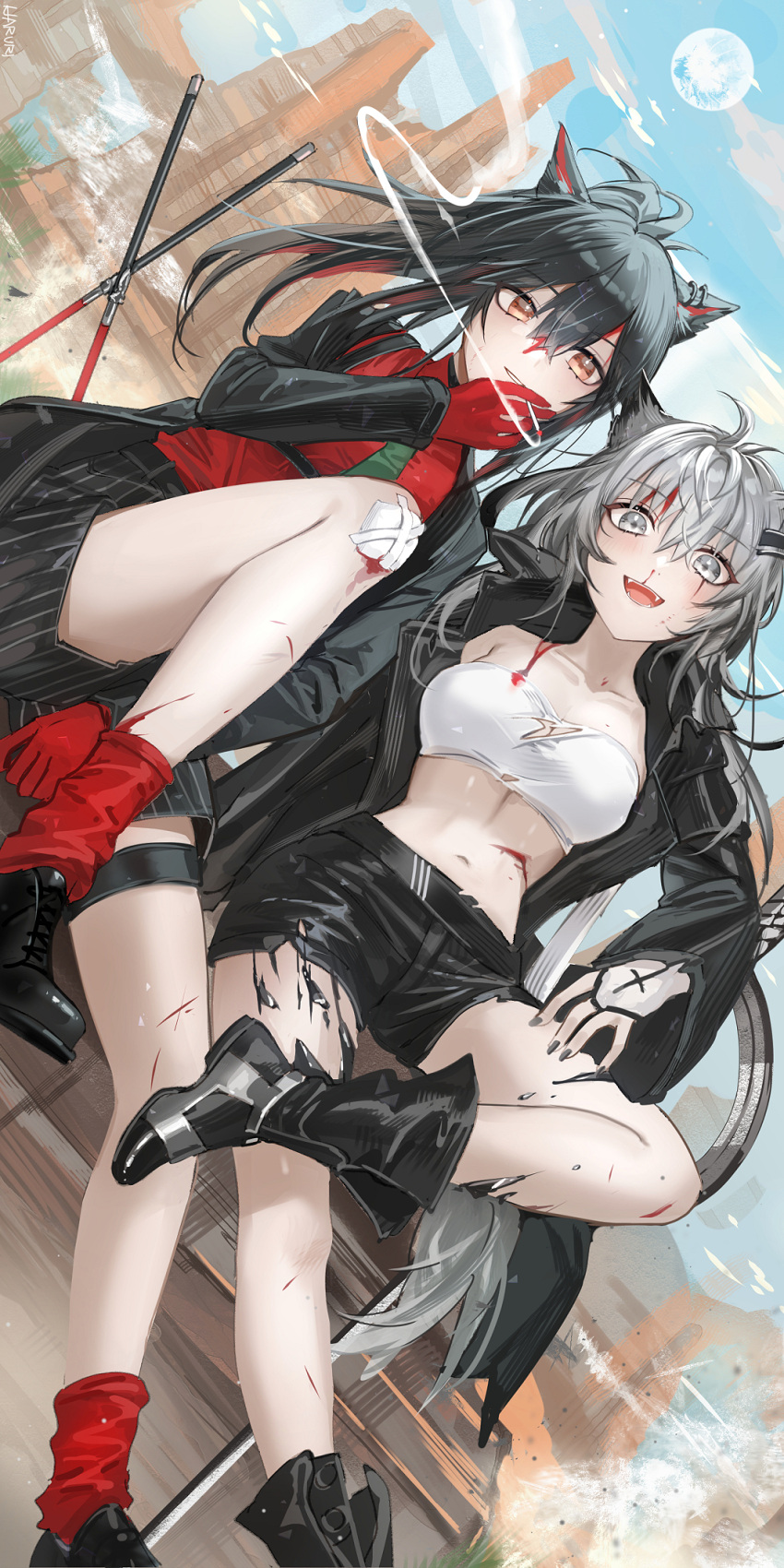 1girl animal_ears arknights bandeau black_footwear black_hair black_jacket black_shorts blue_sky boots commentary_request grey_eyes grey_hair haruri highres jacket knee_up lappland_(arknights) long_hair long_sleeves midriff navel open_clothes open_jacket oripathy_lesion_(arknights) red_shirt shirt short_shorts shorts sky solo stomach strapless texas_(arknights) texas_(willpower)_(arknights) thigh_strap thighs tube_top wolf_ears yellow_eyes