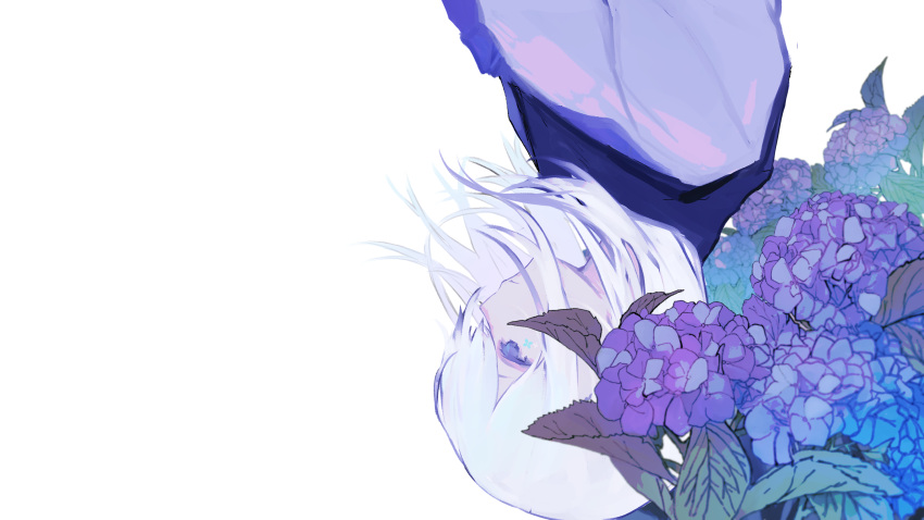 1girl blue_eyes blue_theme commentary floating_hair flower flower_facial_mark highres hydrangea kajiwara_3 medium_hair negative_space original simple_background solo upside-down white_background white_hair