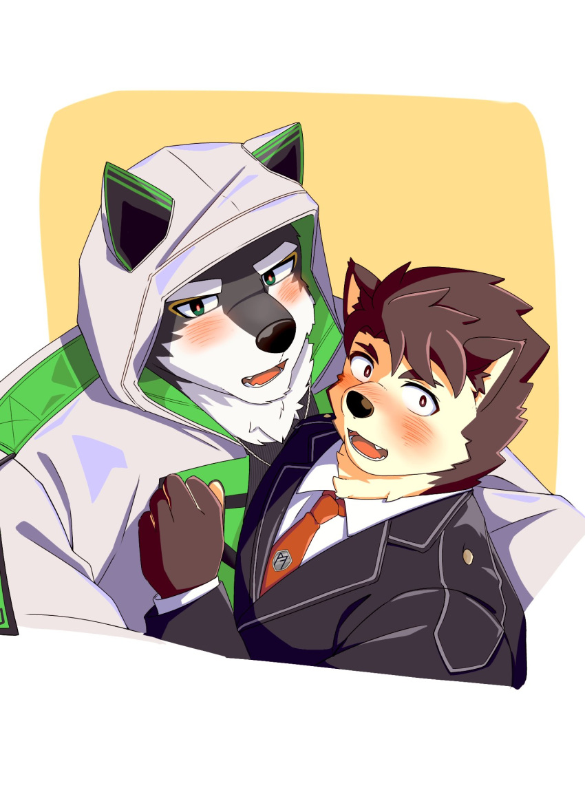 anthro blush bust_portrait canid canine canis clothing dog_operator domestic_dog duo embarrassed eyebrows hi_res hood husky lifewonders live_a_hero male male/male mammal monomasa necktie nordic_sled_dog portrait protagonist_(live_a_hero) spitz suit thick_eyebrows utu_kuma257