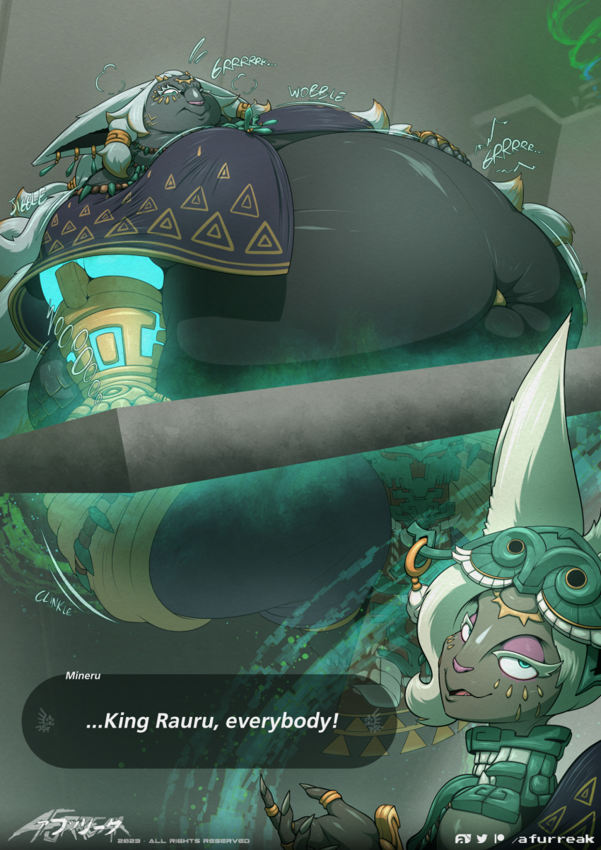 2023 afurreak anthro armor ascend_(totk) belly big_belly bloated bottomwear breaking_the_fourth_wall clothed clothing dialogue duo ear_piercing ears_back ears_up eyewear eyewear_on_head fangs female fur gloves goggles goggles_on_head hair handwear hi_res humanoid hyper hyper_belly loincloth looking_at_viewer male mask mineru morbidly_obese morbidly_obese_anthro morbidly_obese_male mouth_closed navel navel_jewelry navel_piercing nintendo obese obese_anthro obese_male open_mouth overweight overweight_anthro overweight_male piercing pivoted_ears rauru_(tears_of_the_kingdom) ring signature smile smiling_at_viewer sound_effects speech_bubble struggling stuck talking_to_viewer tears_of_the_kingdom teeth text the_legend_of_zelda through_floor tongue zonai