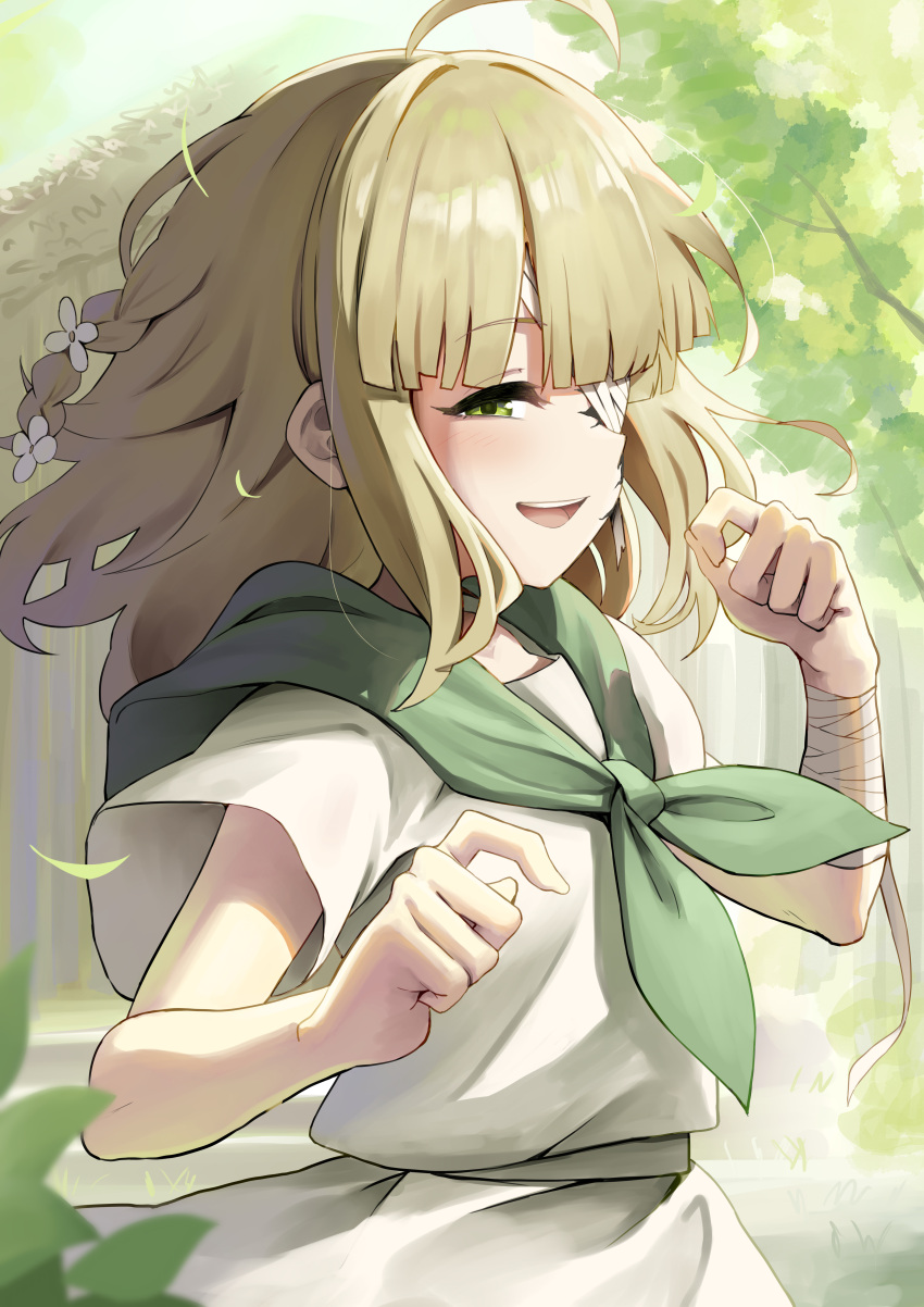 1girl :d absurdres ahoge bandage_over_one_eye bandaged_arm bandages blonde_hair copyright_request flower green_eyes green_neckerchief hair_flower hair_ornament highres karadborg looking_at_viewer neckerchief open_mouth outdoors shirt short_hair short_sleeves skirt smile solo teeth upper_teeth_only white_shirt white_skirt