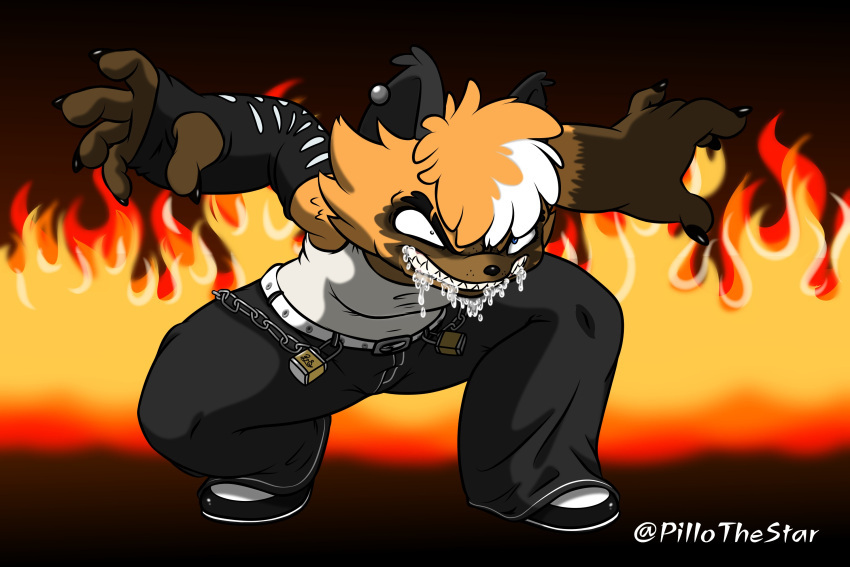 3:2 anthro armwear belt big_hands big_mouth_(anatomy) bodily_fluids boots bottomwear brown_body brown_fur cargo_pants chain claws clothing crouching drooling ear_piercing ear_ring elbow_gloves female fighting_pose fire flaming_background foaming_at_mouth footwear fur gloves hair handwear head_tuft heterochromia hi_res lock manic_expression messy_hair multicolored_body multicolored_fur multicolored_hair muscular muscular_female narrowed_eyes notched_eyebrow orange_body orange_fur orange_hair pants piercing pillothestar pose rabies raised_arms ring_piercing saliva scruffy scrunchy_face sharp_teeth shirt smile solo suey_(pillothestar) tank_top teeth thick_thighs topwear tuft two_tone_body two_tone_fur two_tone_hair white_hair wide_hips
