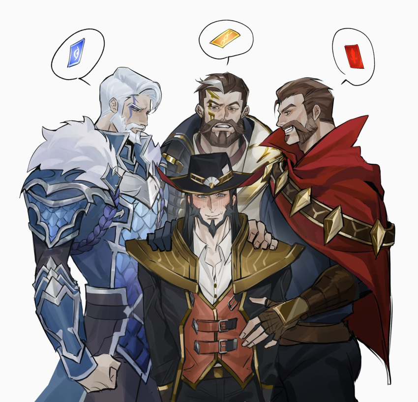 4boys algaebog bara beard blush boy_sandwich character_request chest_hair cowboy_hat facial_hair feet_out_of_frame graves_(league_of_legends) grin hair_slicked_back hand_on_another's_shoulder hat highres league_of_legends male_focus male_harem mature_male multicolored_hair multiple_boys muscular muscular_male old old_man sandwiched short_hair smile spoken_object standing streaked_hair thick_eyebrows thick_mustache twisted_fate white_hair