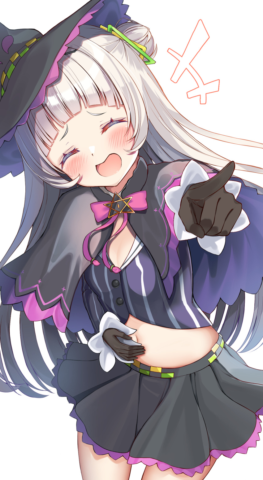 1girl bare_legs black_capelet black_gloves black_headwear black_shirt black_skirt blunt_bangs blush bow bowtie breasts capelet cleavage closed_eyes commentary_request cowboy_shot cropped_shirt gloves grey_hair hair_bun hand_on_own_stomach hat highres hololive laughing long_hair midriff murasaki_shion murasaki_shion_(1st_costume) open_mouth pink_bow pink_bowtie pleated_skirt pointing pointing_at_viewer rappi shirt sidelocks simple_background skirt small_breasts smile solo striped striped_shirt vertical-striped_shirt vertical_stripes virtual_youtuber white_background witch_hat