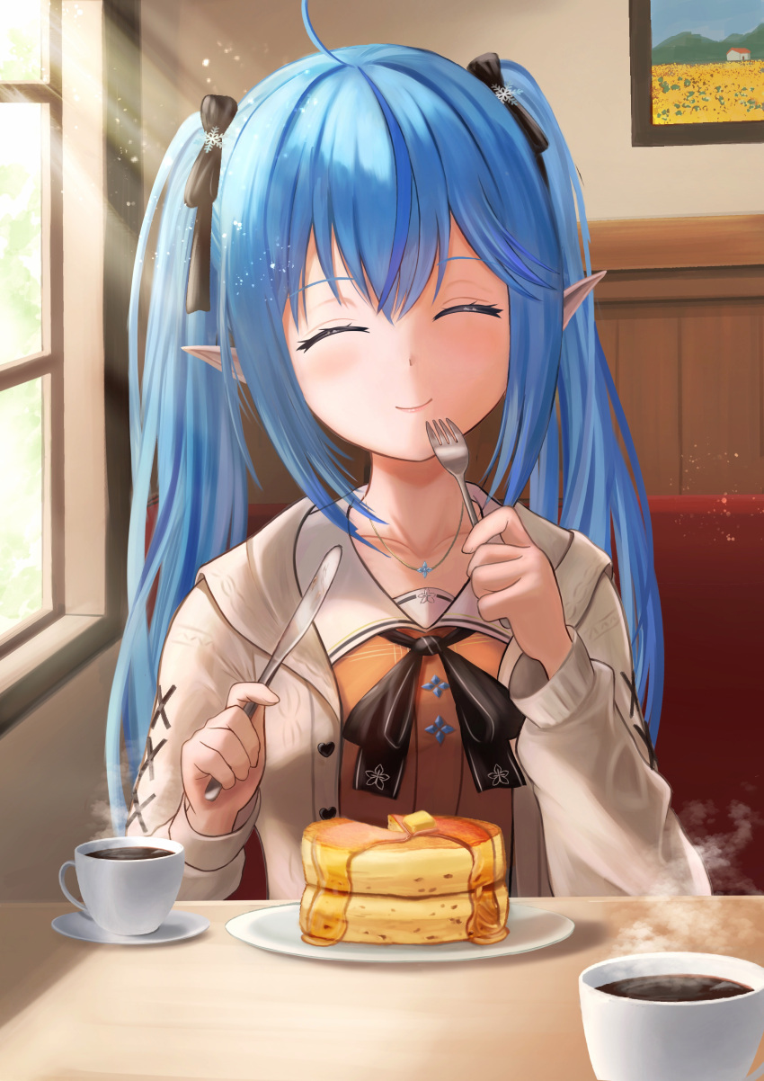 1girl absurdres ahoge blue_hair butter cafe closed_eyes coffee_mug coppelion1991 cup drawing_(object) eating elf facing_viewer food fork hair_between_eyes highres holding holding_fork holding_knife hololive jewelry knife long_hair long_sleeves mug multicolored_hair necklace official_alternate_costume pancake picture_frame plate pointy_ears pov_dating smile solo steam streaked_hair sunlight syrup twintails virtual_youtuber window yukihana_lamy yukihana_lamy_(casual)