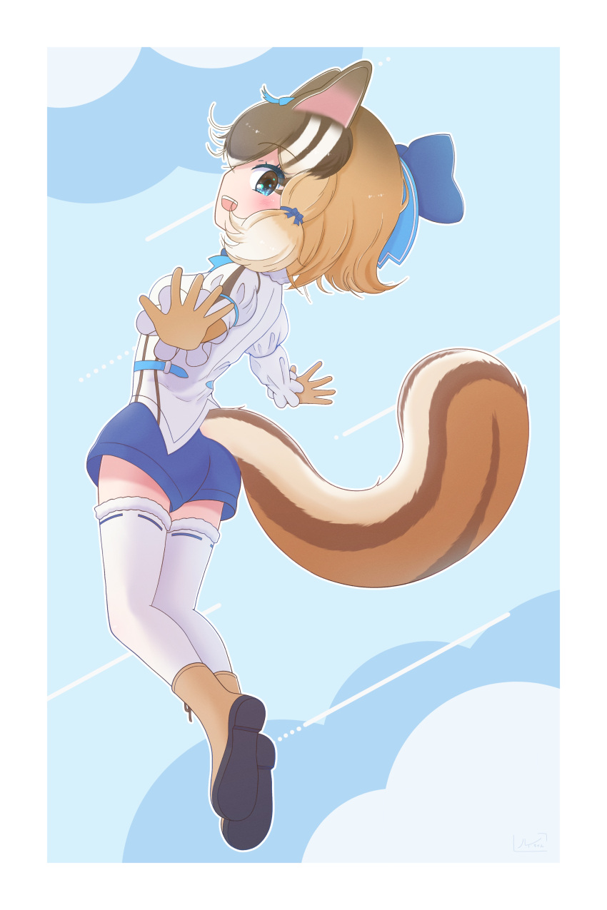 1girl absurdres animal_ears blue_background blue_eyes boots brown_hair chipmunk_ears chipmunk_girl chipmunk_tail extra_ears gloves highres kemono_friends kemono_friends_v_project kneehighs looking_at_viewer luichan microphone shirt short_hair shorts siberian_chipmunk_(kemono_friends) simple_background socks solo tail vest virtual_youtuber