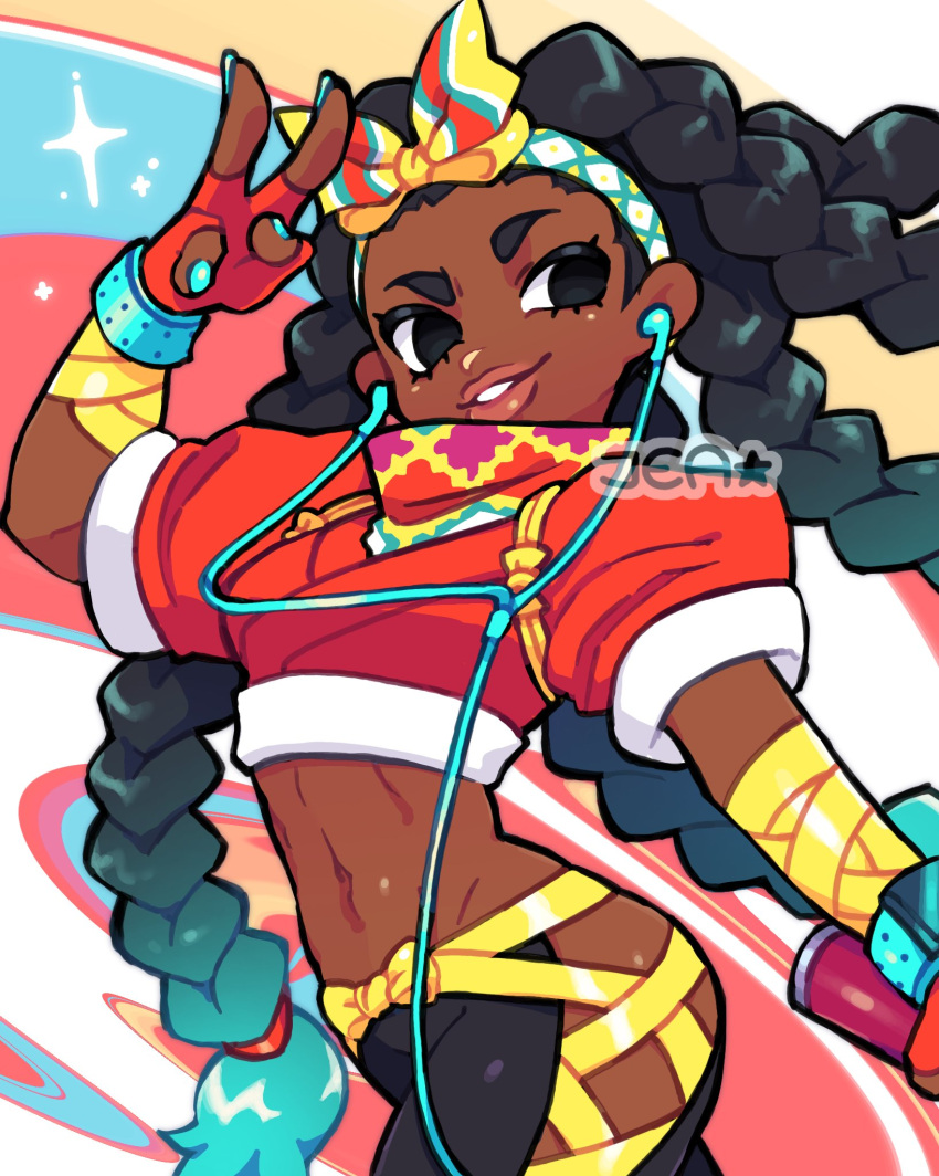 1girl arm_wrap black_hair blue_nails bow_hairband colored_tips crop_top dark-skinned_female dark_skin earbuds earphones eyelashes fingerless_gloves gloves gradient_hair hairband highres hip_vent jea_(voltaej) kimberly_(street_fighter) lips long_hair midriff multicolored_background multicolored_hair pants quad_braids red_gloves short_sleeves smirk solo street_fighter street_fighter_6 thick_eyebrows toned very_dark_skin yellow_hairband