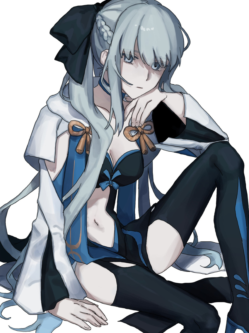 1girl black_bow black_dress boots bow braid breasts cleavage cloak closed_mouth clothing_cutout collarbone commentary_request dress elbow_on_knee fate/grand_order fate_(series) fon_(0u0_fon) foot_out_of_frame grey_choker grey_eyes grey_hair hair_bow hair_over_shoulder hair_spread_out half-closed_eyes half_updo hand_on_own_chin hand_up head_rest high_heel_boots high_heels highres hood hood_down hooded_cloak invisible_chair large_breasts long_hair looking_at_viewer morgan_le_fay_(fate) navel pelvic_curtain revealing_clothes sidelocks simple_background sitting solo split_ponytail stomach stomach_cutout thigh_boots thigh_cutout very_long_hair white_background white_cloak wide_sleeves