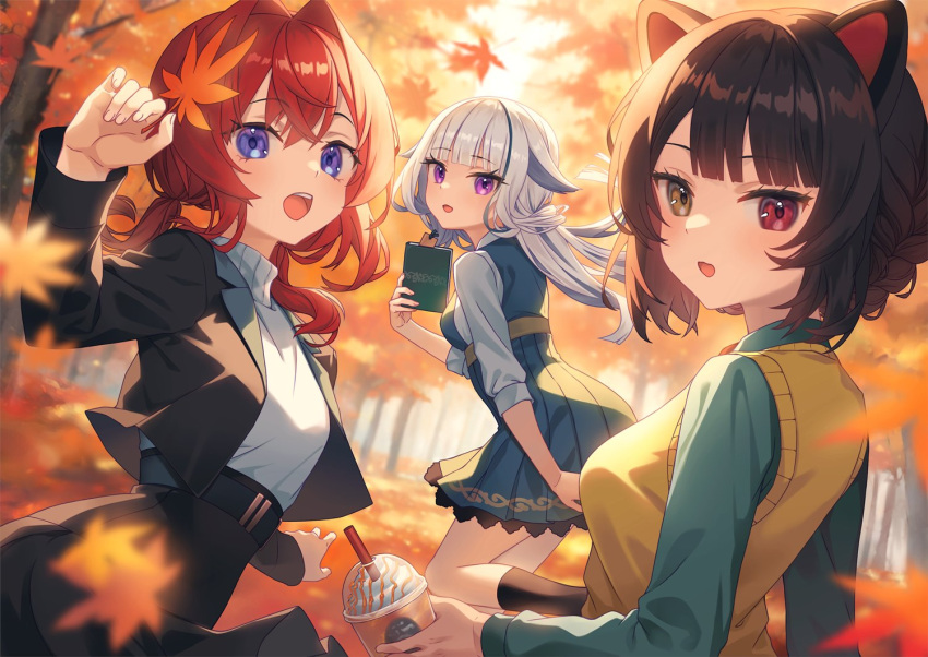 3girls ange_katrina animal_ears autumn autumn_leaves black_jacket black_skirt blue_eyes blue_hair book commentary cropped_jacket dog_ears dog_girl drink grey_hair hair_intakes heterochromia holding holding_drink inui_toko jacket kutori_pan'ya lize_helesta long_hair multicolored_hair multiple_girls nijisanji open_mouth purple_eyes red_eyes red_hair sanbaka_(nijisanji) short_hair skirt smile streaked_hair sweater sweater_vest twintails virtual_youtuber white_sweater yellow_eyes yellow_sweater_vest