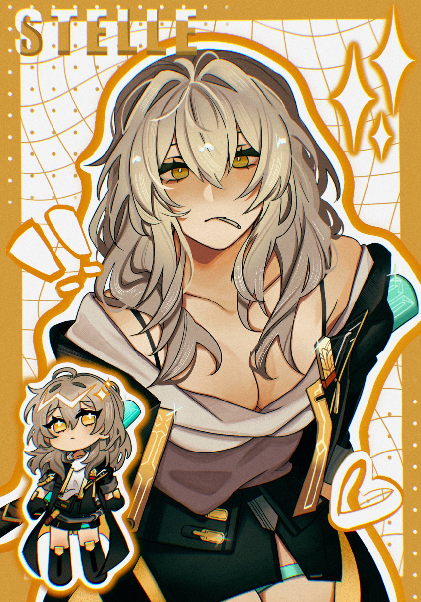 1girl black_jacket black_skirt blush border bra_strap breasts character_name chibi cigarette cleavage draculaaxx grey_hair grey_shirt highres honkai:_star_rail honkai_(series) jacket jacket_partially_removed long_hair looking_at_viewer orange_border orange_outline shirt skirt solo sparkle stelle_(honkai:_star_rail) trailblazer_(honkai:_star_rail) wavy_hair white_background white_shirt yellow_eyes