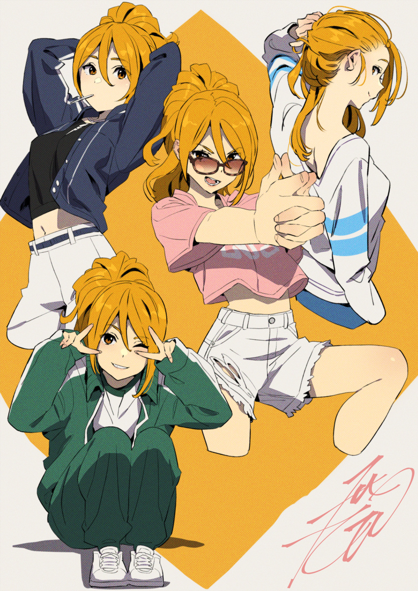 1girl arms_up bangs black_shirt blonde_hair blue_jacket brown_eyes collage cropped_legs double_v finger_gun full_body green_jacket green_pants grin gym_uniform hair_between_eyes highres holding holding_hair jacket kobayashi_gen long_hair looking_back one_eye_closed open_mouth origami_hina pants pink_shirt ponytail shirt shorts sidelocks signature simple_background sitting smile sunglasses torn_clothes torn_shorts v white_footwear white_pants white_shirt white_shorts
